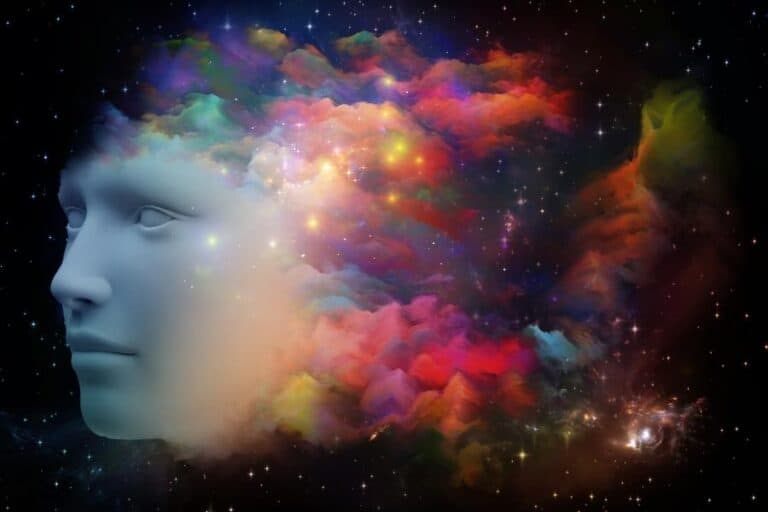 Colorful Smoke Behind Large Head to Demonstrate Mindfulness